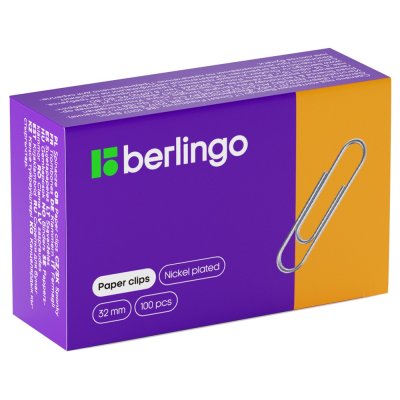 Скрепки 32 мм Berlingo 100 шт никелированные, карт. упаковка RE-BK2512