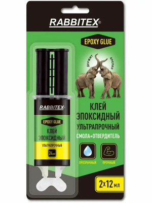Клей эпоксидный прозрачный RABBITEX смола + отвердитель шприц лопатка 2 х 12 мл S-609817