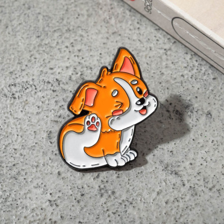 Значок "Щенок корги" игривый, цветной в чёрном металле SIM-9305703