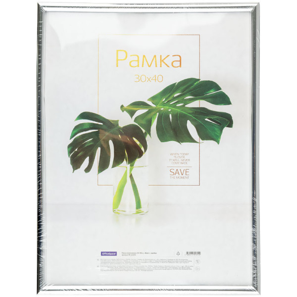 Рамка пластиковая OfficeSpace "Basic" 30 x 40 см, небьющееся стекло, серебро RE-РП_41695