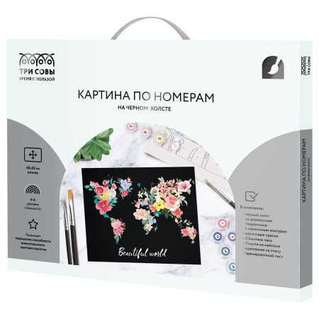 Картина по номерам на черном холсте ТРИ СОВЫ "Мир цветов" 40 x 50 см, краски, кисть RE-КХп_48166