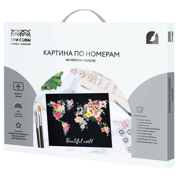 Картина по номерам на черном холсте ТРИ СОВЫ "Мир цветов" 40 x 50 см, краски, кисть RE-КХп_48166