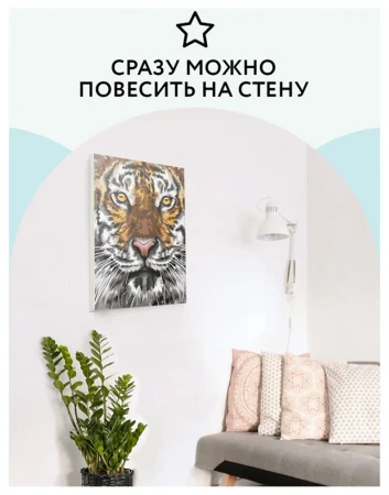 Картина по номерам на холсте ТРИ СОВЫ "Тигриный взгляд" 30 x 40 см с акриловыми красками и кистями RE-КХ_44087