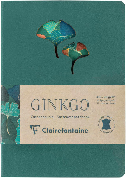Блокнот CLAIREFONTAINE Ginkgo A5 90 г/м2 72 л, в линейку, мягкая обложка из натуральной кожи, ассорти RH-115949C