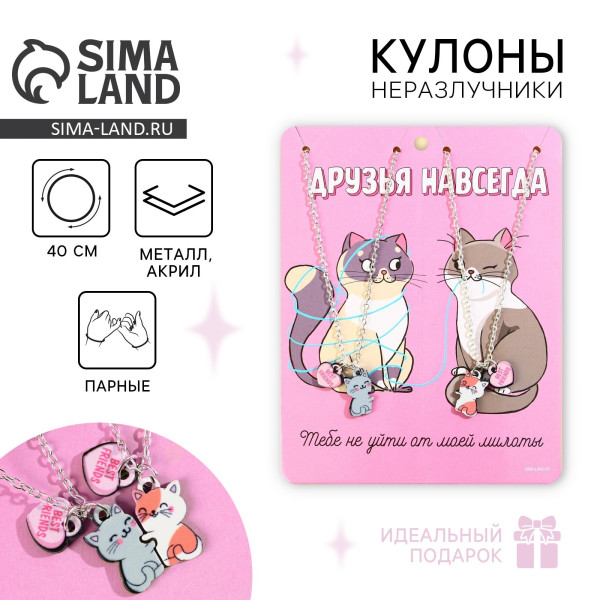 Кулоны неразлучники "Друзья навсегда" 11 х 14 см 2 шт, 40 см чернёное серебро SIM-7576782