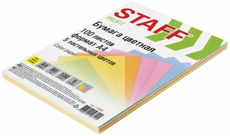 Бумага цветная STAFF "Pastel mix" А4 80г/м2 100 л. (5 цв х 20 л) S-110889