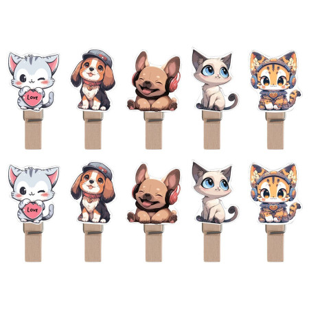 Зажимы для бумаг 7 мм MESHU "Cute pets" 10 шт, деревянные, ассорти, опп пакет с европодвесом, веревка в комплекте RE-MS_55481