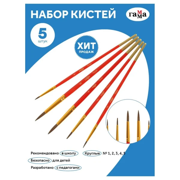 Набор кистей ГАММА "Классические" 5 шт пони, круглые № 1, 2, 3, 4, 5, блистер, европодвес RE-230818.01.01