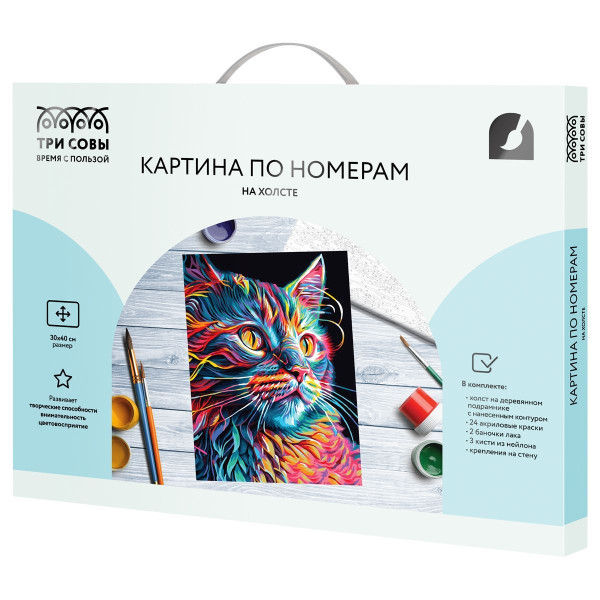 Картина по номерам на холсте ТРИ СОВЫ "Неоновый кот" 30 x 40 см, краски, кисть RE-КХ3040_53848