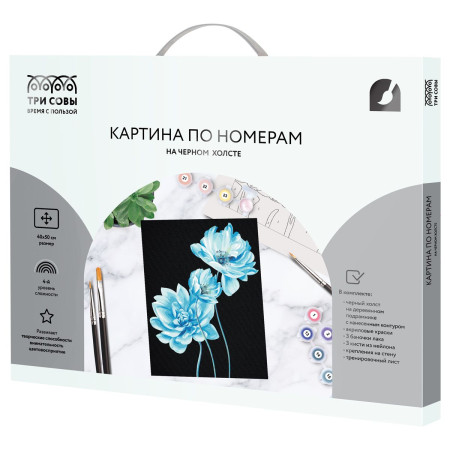 Картина по номерам на черном холсте ТРИ СОВЫ "Голубые цветы" 40 x 50 см, краски, кисть RE-КХп_48160